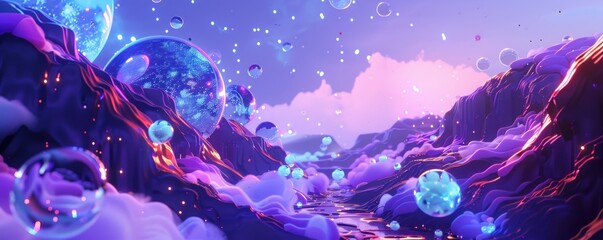 A platformer adventure through a shiny quantum realm collecting bitcoins in a wonderworld beyond imagination - obrazy, fototapety, plakaty
