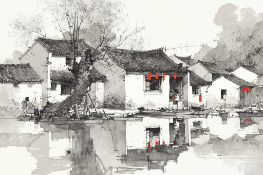 Chinese town ink painting