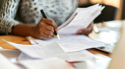 The hands of an elderly woman are seen filling out bills with focused attention. Wrinkles and age spots adorn her hands, reflecting a lifetime of experiences.