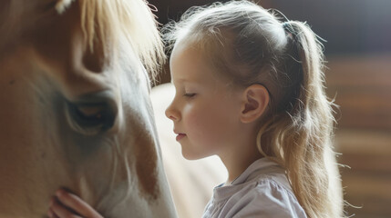 A little girl delicately strokes a horse's muzzle with a gentle touch, her face beaming with affection and admiration. The horse stands calmly, enjoying the interaction with the child.