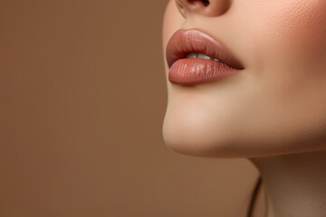 Against a backdrop of flawless skin, the image highlights the natural beauty of a woman's lips. Their soft, supple texture and subtle coloration enhance her overall allure. - obrazy, fototapety, plakaty