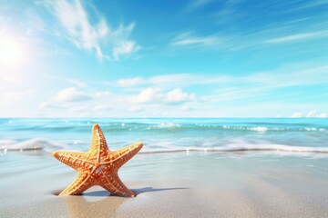 Fototapeta na wymiar beach with starfish in the sand, space for copy text. Summer holiday concept