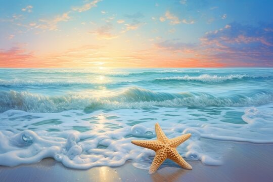 beach with starfish in the sand, space for copy text. Summer holiday concept