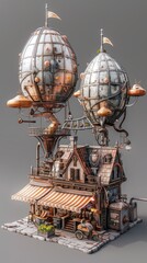 Fototapeta na wymiar Aluminum airships steampunk city pixie mushroom juice stand