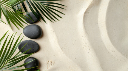 Obraz na płótnie Canvas Positioned elegantly on the left side of the sandy canvas, black stones and verdant palm leaves create a visually appealing background.