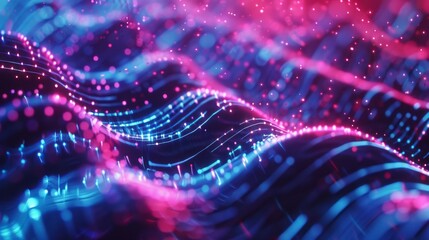 Futuristic neon wave lines and bokeh lights: abstract data transfer concept wallpaper - obrazy, fototapety, plakaty