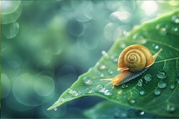 3D visualization: green leaf with dew drops and a large beautiful snail, high resolution. Nature is all around us.