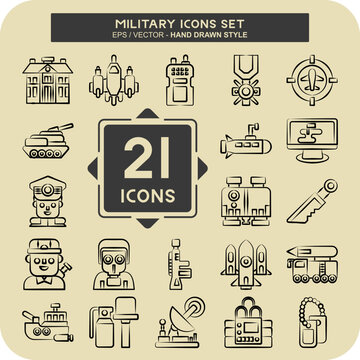 Icon Set Military. related to Army symbol. hand drawn style. simple design editable. simple illustration