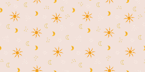 Cute sky background with crescent moon, stars, sun boho colors. Vector seamless pattern