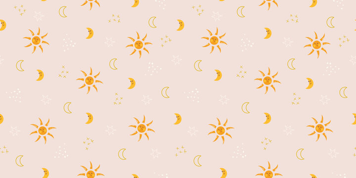 Cute sky background with crescent moon, stars, sun boho colors. Vector seamless pattern