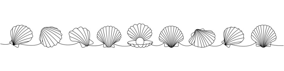 Pearl shells set. Sea shells, mollusks, scallop, pearls. Tropical underwater shells continuous one line illustration. Vector minimalist illustration.