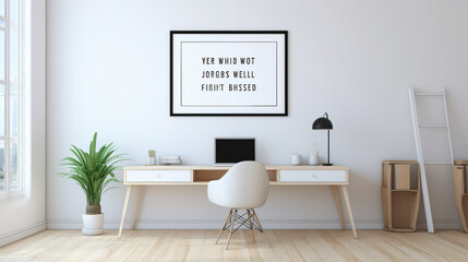 An office interior featuring a blank white empty frame, displaying a simple, motivational quote in elegant typography.
