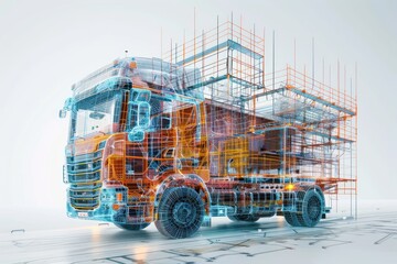 3d construction building digital data modern technology Truck on the construction digital scheme  white background isolated