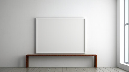 An office interior featuring a blank white empty frame, displaying a minimalistic, black and white abstract photograph.