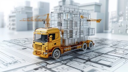 3d construction building digital data modern technology Truck on the construction digital scheme  white background isolated