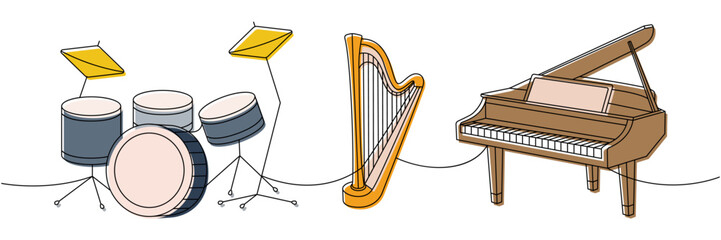 Musical instruments set one line colored continuous drawing. Drum kit, lyre, wooden harp, grand piano continuous one line illustration.
