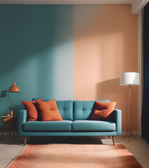 Living room interior with blue sofa, lamp and carpet. 3d render