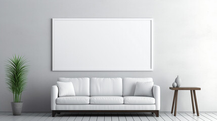 An office interior featuring a blank white empty frame, displaying a simple, monochromatic landscape painting.