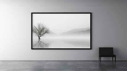 An office interior featuring a blank white empty frame, displaying a minimalistic, black and white photographic landscape.