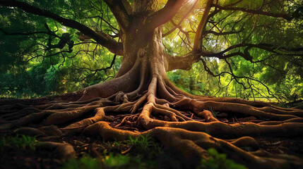 A grand tree, its roots reaching into the earth