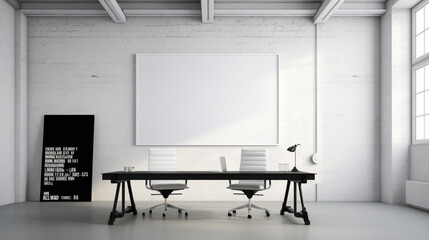 An office interior featuring a blank white empty frame, displaying a minimalistic, black and white typographic design. - obrazy, fototapety, plakaty
