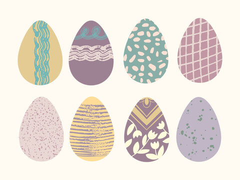 Decorated Easter eggs vector illustration set. Cute eggs hand painted with brush strokes, dots and lines on pastel background. Soft muted colors. Flat cartoon poster. Egg hunt modern textured design
