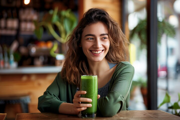 a woman is smiling at a table holding her green smoothie, in the style of relatable personality, earthy textures, jeans rest out the younger