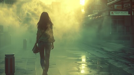 A woman strolls down a misty street carrying a suitcase at midnight