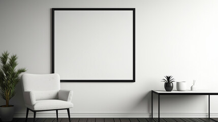 An office interior featuring a blank white empty frame, displaying a minimalistic, black and white still-life photograph.