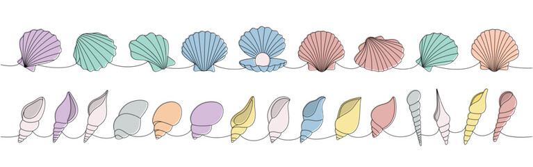 Sea shells set. Sea shells, mollusks, scallop, pearls. Tropical underwater shells continuous one line illustration. Vector minimalist illustration.