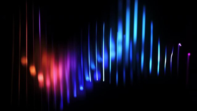 Wave motion of bright dotted lines on black background. Abstract visualization of digital sound processing, sound waves equalizer and audio frequency signal. 4K looped motion of 3D digital soundwaves