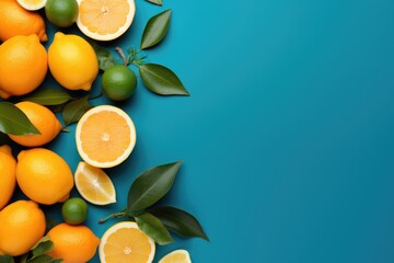 Creative background made of summer tropical fruits with leaves, grapefruit, orange, tangerine,...