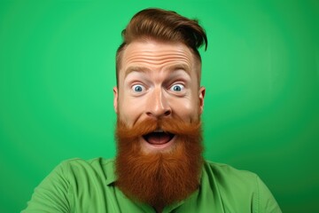Portrait of an optimistic cheerful man with a red beard wearing a T-shirt, on a green background