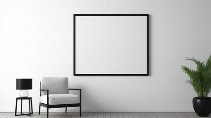 An office interior featuring a blank white empty frame, displaying a minimalistic, black and white typographic design.