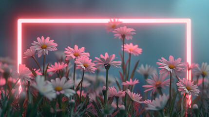 vibrant flowers under the glow of neon rectangles, blending nature with artificial aesthetics, empty mockup