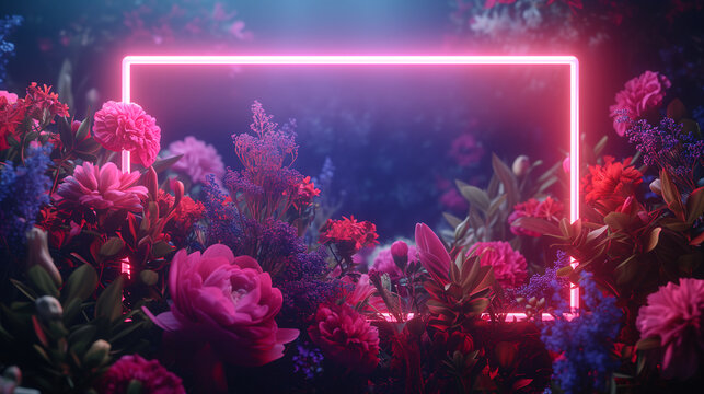 vibrant flowers under the glow of neon rectangles, blending nature with artificial aesthetics, empty mockup