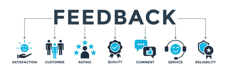 Feedback banner concept with icon of satisfaction, customer, rating, quality, comment, service and reliability. Web icon vector illustration 