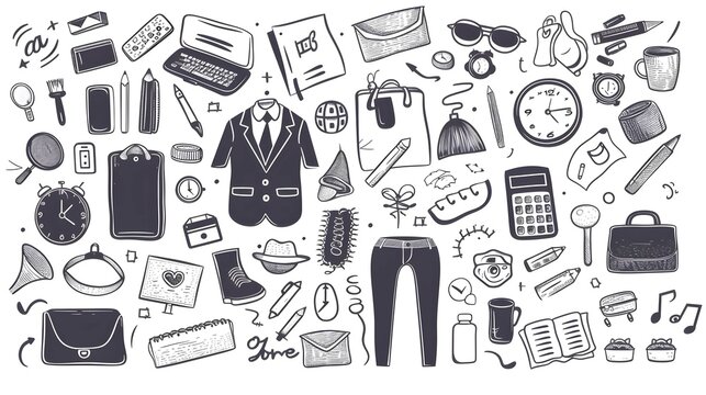 Big bundle business casual doodles icons and objects