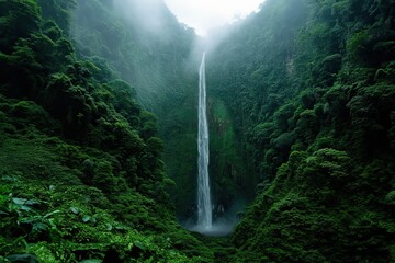 Majestic waterfall amidst lush jungle foliage