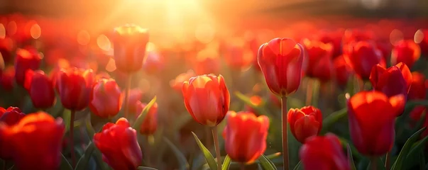 Poster Glowing tulip field vibrant red blooms under bright sunlight. Concept Nature, Tulip field, Bright colors, Sunny day, Outdoor photography © Anastasiia