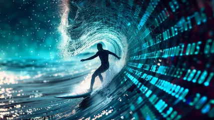 Fotobehang Thrilling surf: man on hoverboard rides binary code wave in digital adventure © touseef