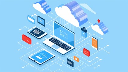 Efficient cloud storage communication: devices interacting seamlessly in home or office network for data upload and download - obrazy, fototapety, plakaty