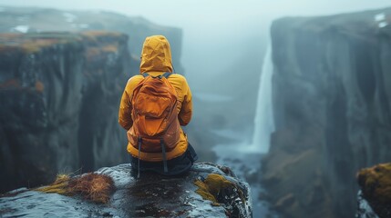 Traveler with backpack relaxes at waterfall in natural landscape