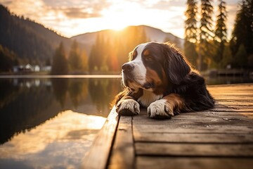 A Bernese Mountain Dog Enjoying Lakeside Sunset. Generative AI. - obrazy, fototapety, plakaty