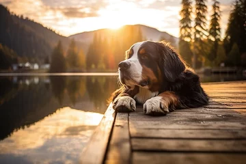 Fototapeten A Bernese Mountain Dog Enjoying Lakeside Sunset. Generative AI. © Tarunabh