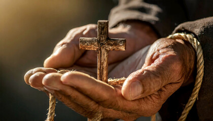 Extreme closeup of a wrinkled hand of an old man holding a small wooden religious cross with ropes, religious symbol of Christianity or prayer. Generative Ai. - obrazy, fototapety, plakaty