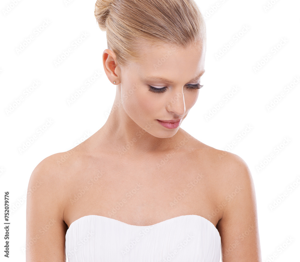 Poster Fashion, makeup and woman in wedding dress in studio with beauty, stylish and elegant facial routine. Cosmetic, classy and young female person in bridal gown and cosmetology face by white background.