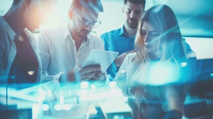 Creative professionals collaborating with digital tablet: brainstorming and discussion in modern office environment