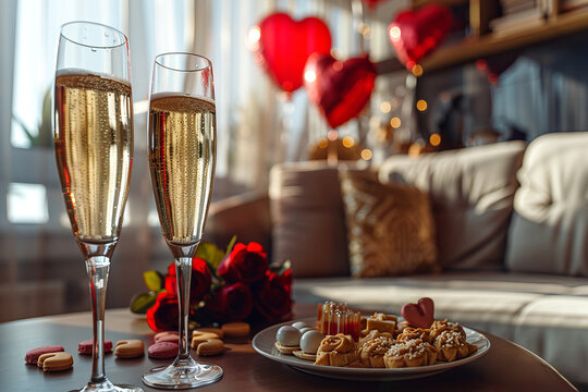 Two glasses of champagne, roses, candies. Romantic dinner for two.
