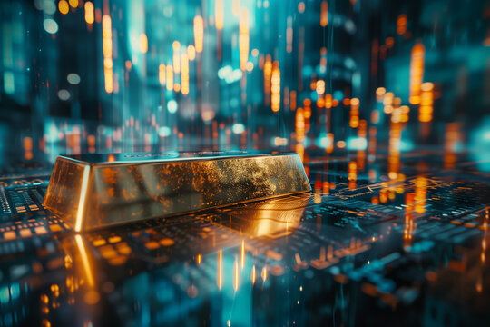 double exposure image featuring a gold bar blended with an all-time high price chart, capturing the essence of market highs